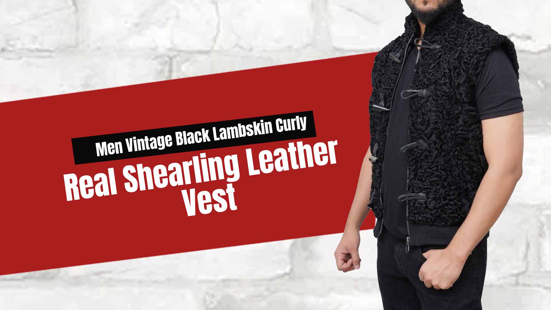 Men Vintage Black Lambskin Curly Real Shearling Leather Vest