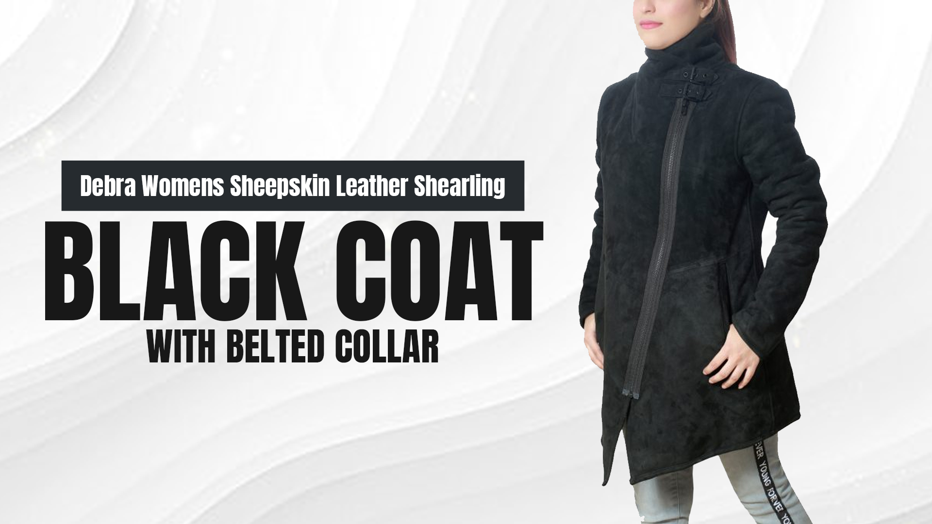 Debra Womens Sheepskin Leather Shearling Black Coat with Belted Collar